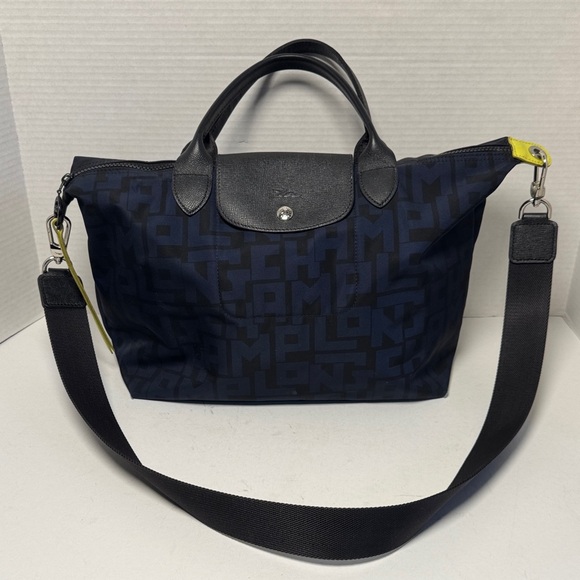 Longchamp Handbags - LONGCHAMP Le Pilage Navy Logo Duffel  Black Leather Trim Neon Yellow Accent